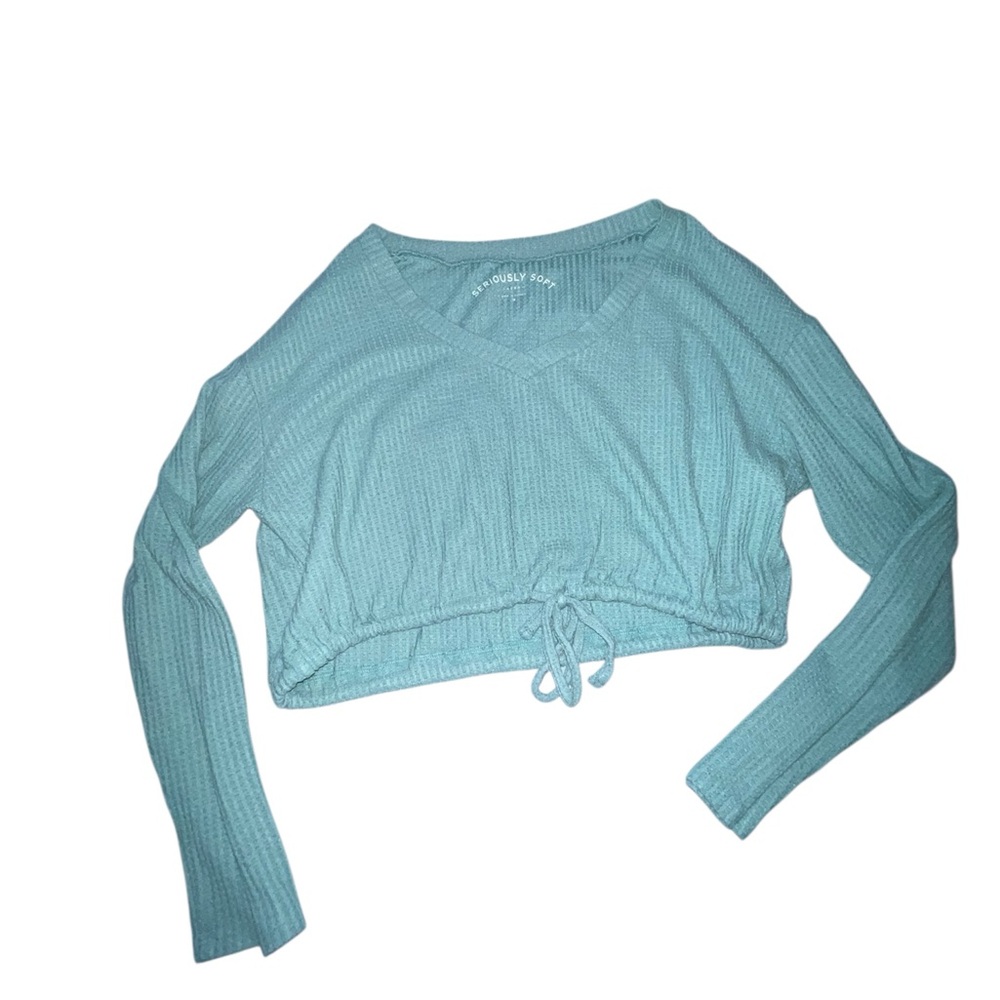 Blue V-Neck Long Sleeve Top